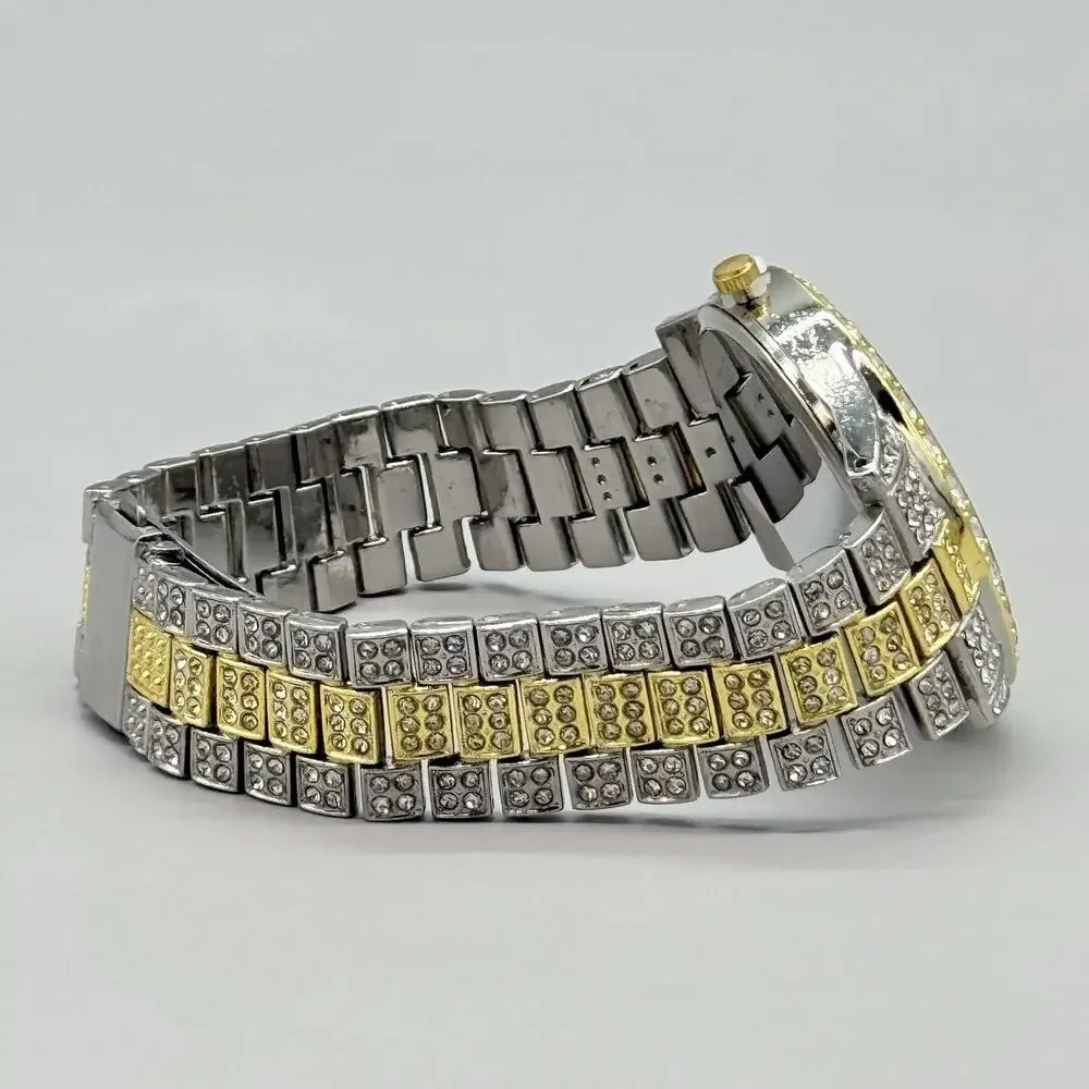 Mens Two Tone Iced Out Watch Green Sunray Dial Roman Numerals Bling Calendar